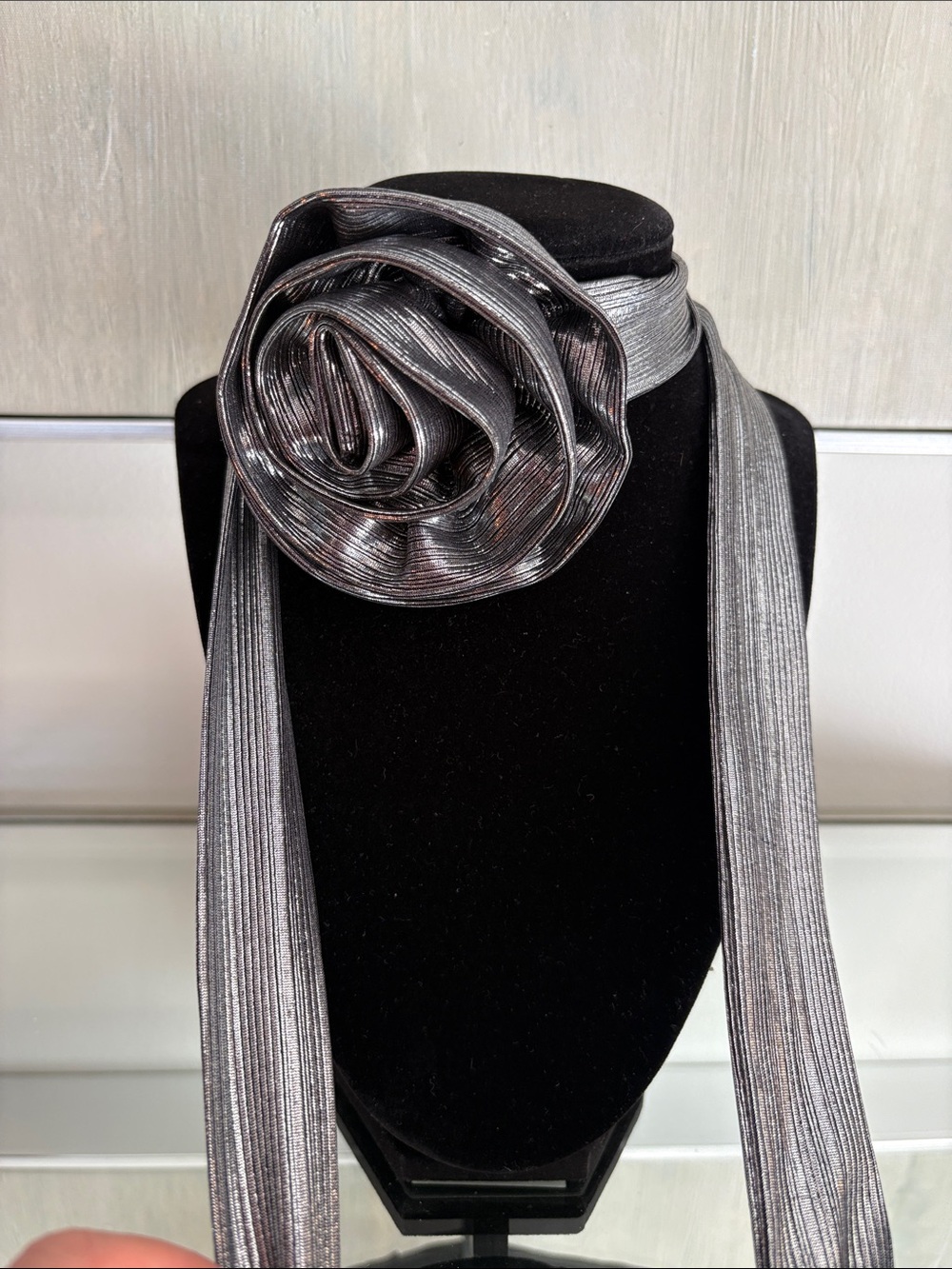 Metallic Pleated Long Scarf in Silver-Gray